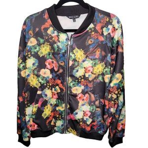 Baccini Women's XL Black Floral Print Bomber Jacket